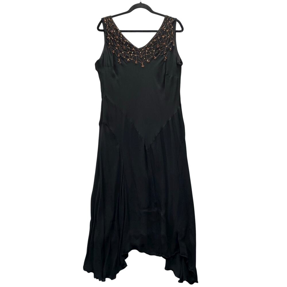 Vtg Witchy Whimsigoth Boho Rayon Layered Midi Dress Womens 14 Black Embroidered